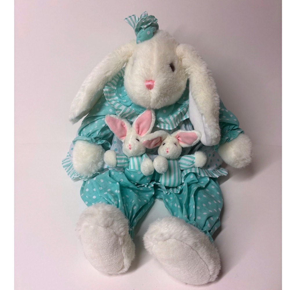 Vintage DanDee Mother Bunny with 2 Babies Twins in Pockets Plush Aqua Polka Dot